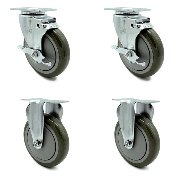 5 Inch Gray Polyurethane Swivel Top Plate Caster Set with 2 Brakes 2 Rigid SCC
